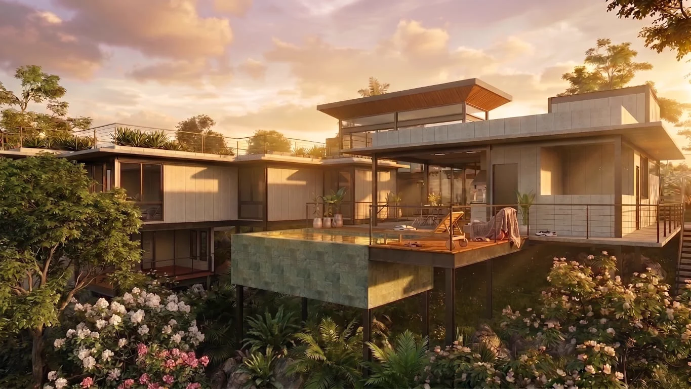 Casa Elementos — vista da casa ao entardecer